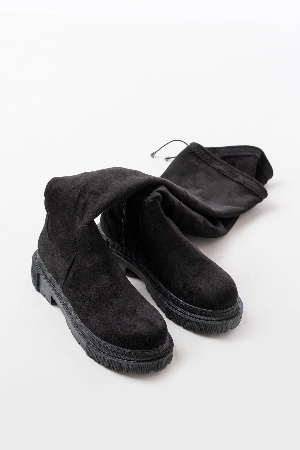 ZRİN812-2194 Premium Siyah Süet Fermuarlı Diz Üstü Bağcıklı Çorap Günlük Kadın Çizme