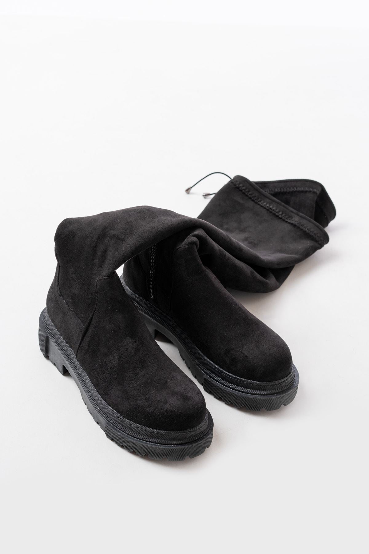 ZRİN812-2194 Premium Siyah Süet Fermuarlı Diz Üstü Bağcıklı Çorap Günlük Kadın Çizme