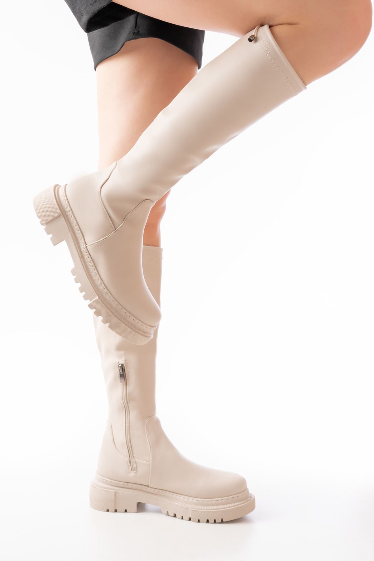 ZRİN812-2291 Premium Bej Fermuarlı Günlük Kadın Çizme