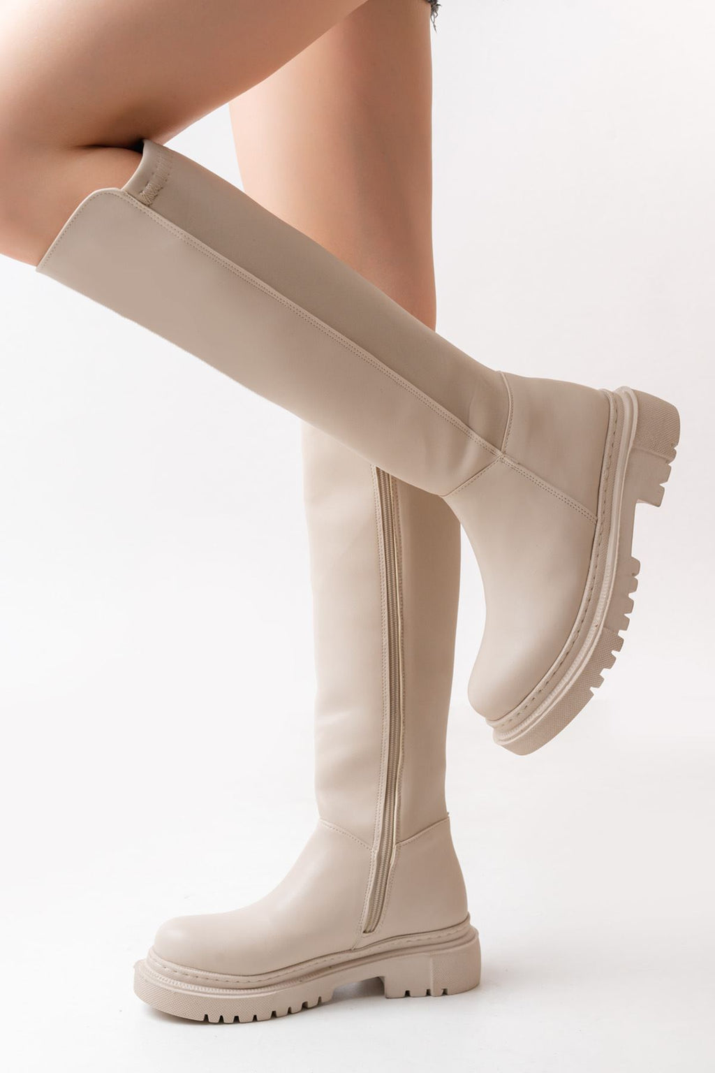 Knee-High Premium Bej Arkası Streç Fermuarlı Kadın Çizme