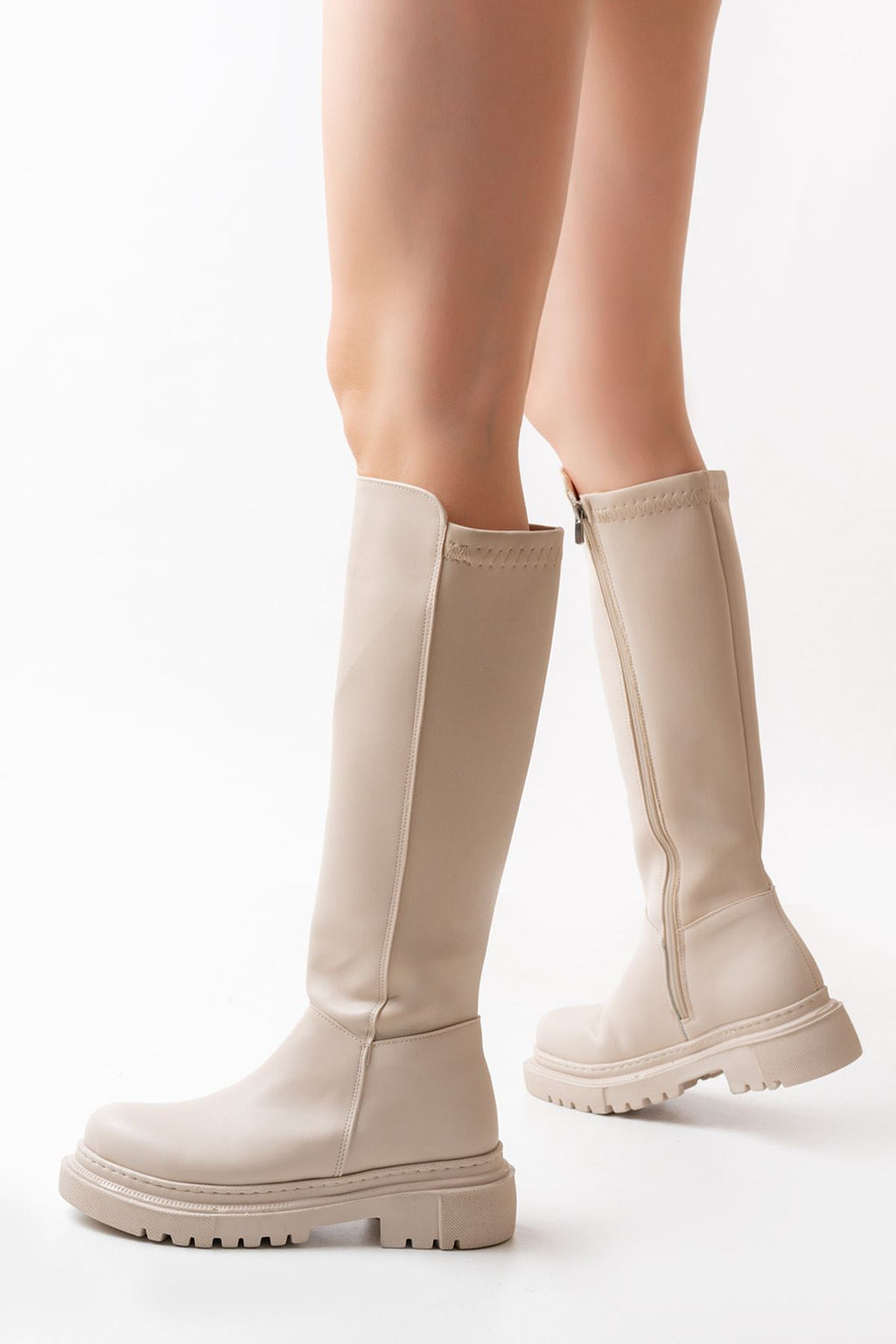 Knee-High Premium Bej Arkası Streç Fermuarlı Kadın Çizme