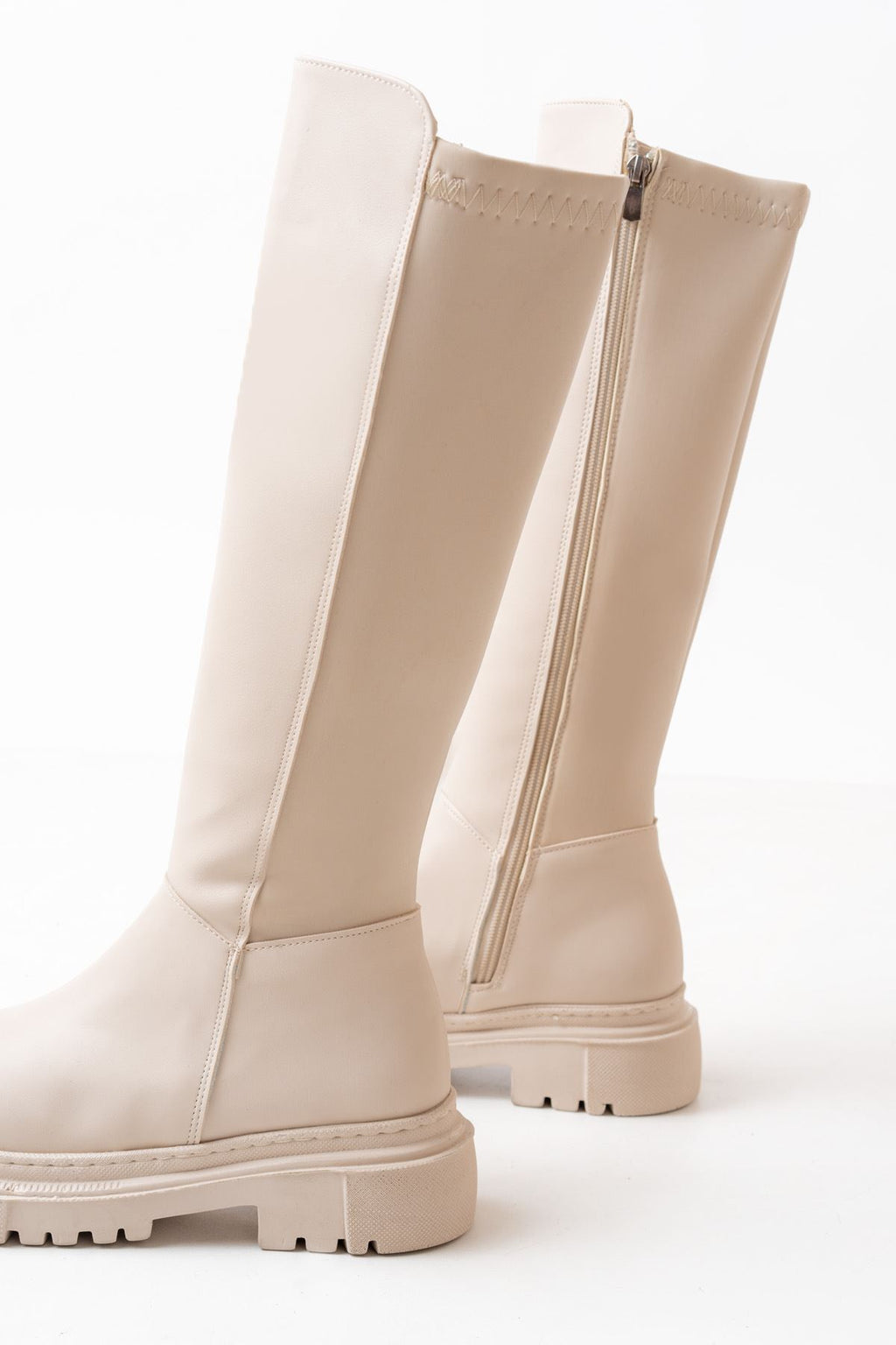 Knee-High Premium Bej Arkası Streç Fermuarlı Kadın Çizme