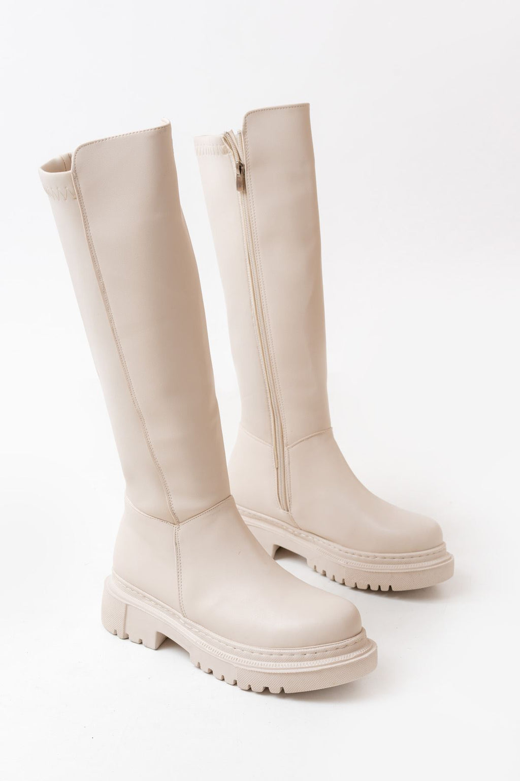 Knee-High Premium Bej Arkası Streç Fermuarlı Kadın Çizme