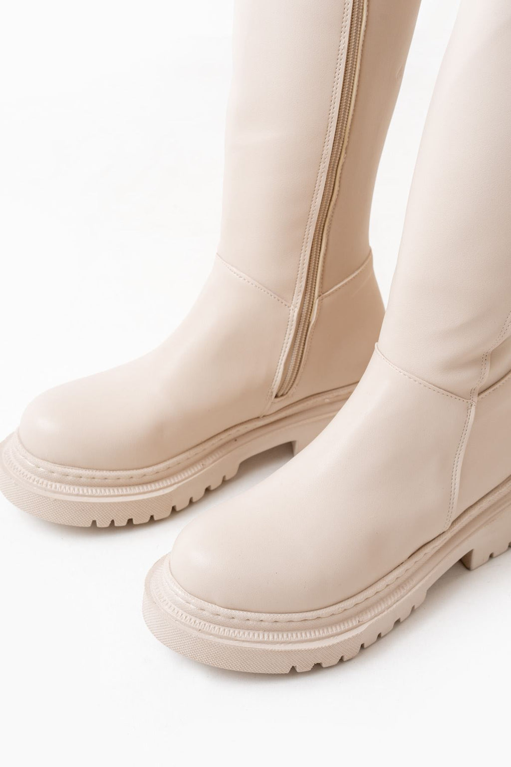 Knee-High Premium Bej Arkası Streç Fermuarlı Kadın Çizme
