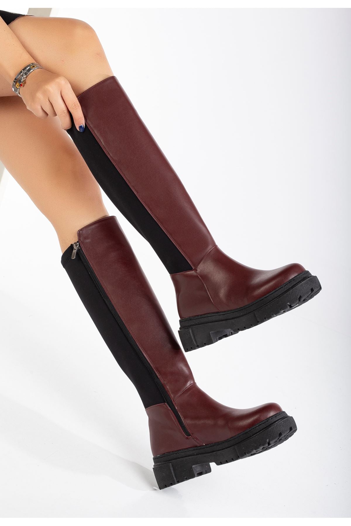 Knee-High Premium Bordo Arkası Streç Fermuarlı Kadın Çizme