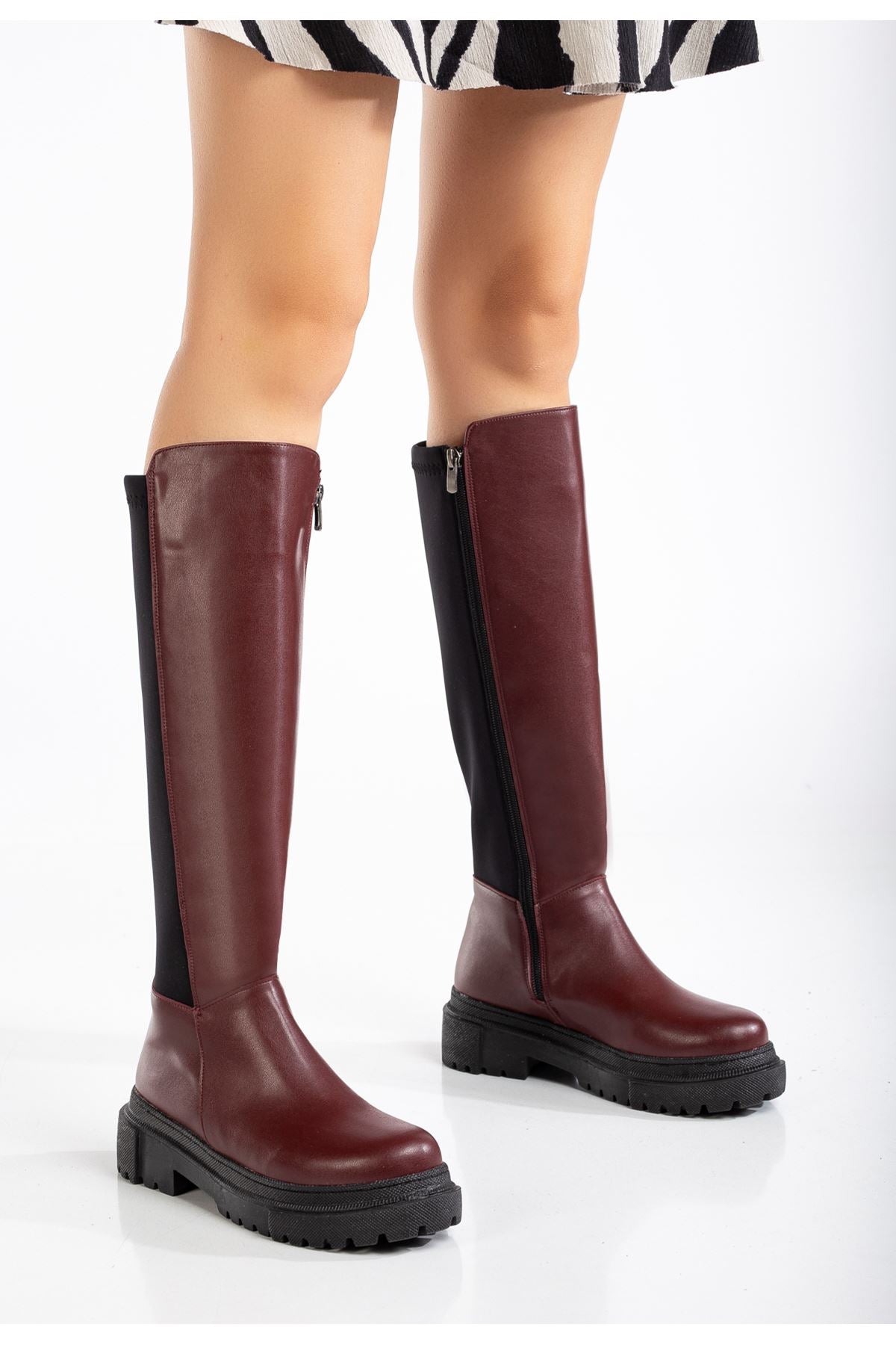 Knee-High Premium Bordo Arkası Streç Fermuarlı Kadın Çizme