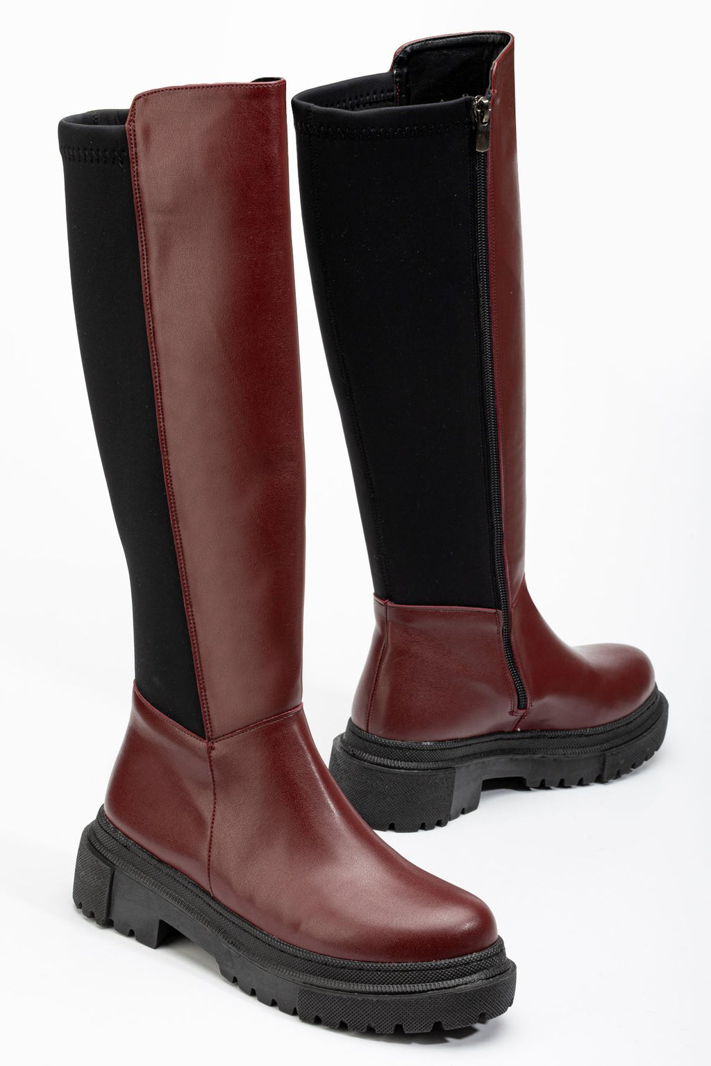 Knee-High Premium Bordo Arkası Streç Fermuarlı Kadın Çizme