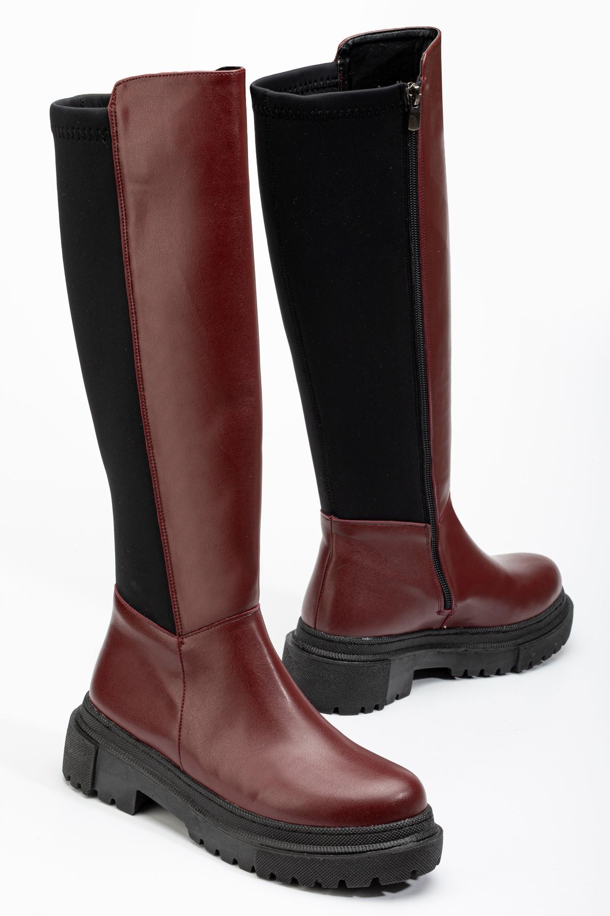 Knee-High Premium Bordo Arkası Streç Fermuarlı Kadın Çizme