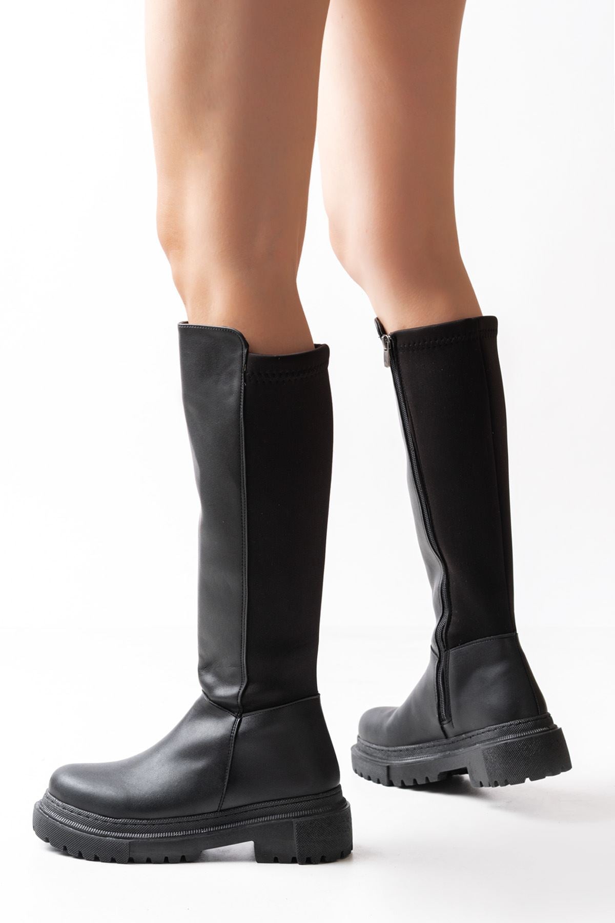 Knee-High Premium Siyah Arkası Streç Fermuarlı Kadın Çizme