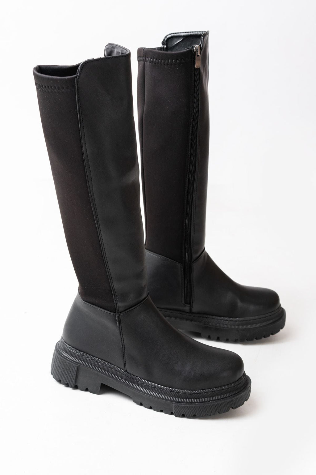 Knee-High Premium Siyah Arkası Streç Fermuarlı Kadın Çizme