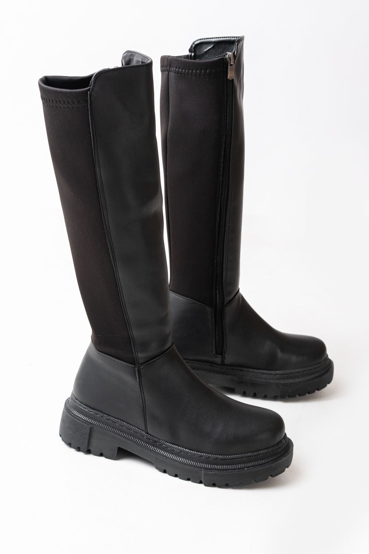 Knee-High Premium Siyah Arkası Streç Fermuarlı Kadın Çizme