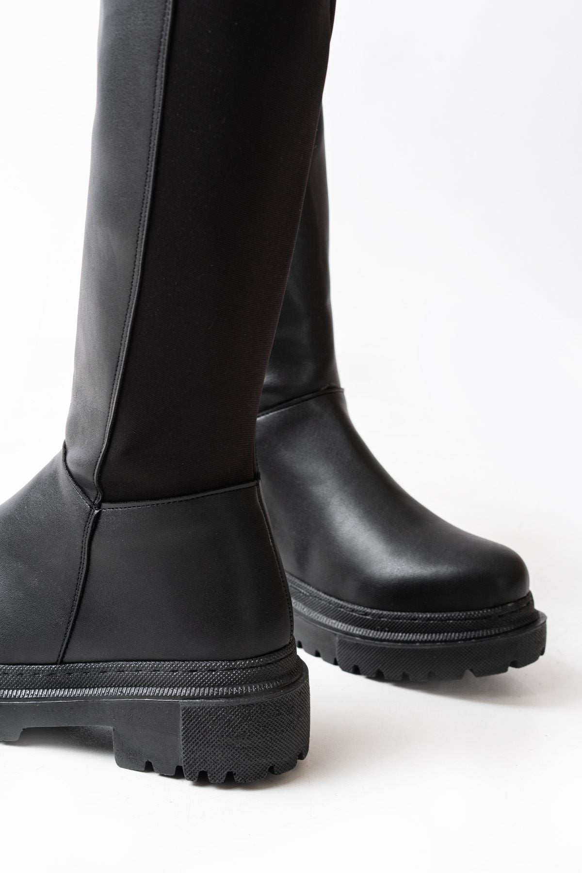 Knee-High Premium Siyah Arkası Streç Fermuarlı Kadın Çizme