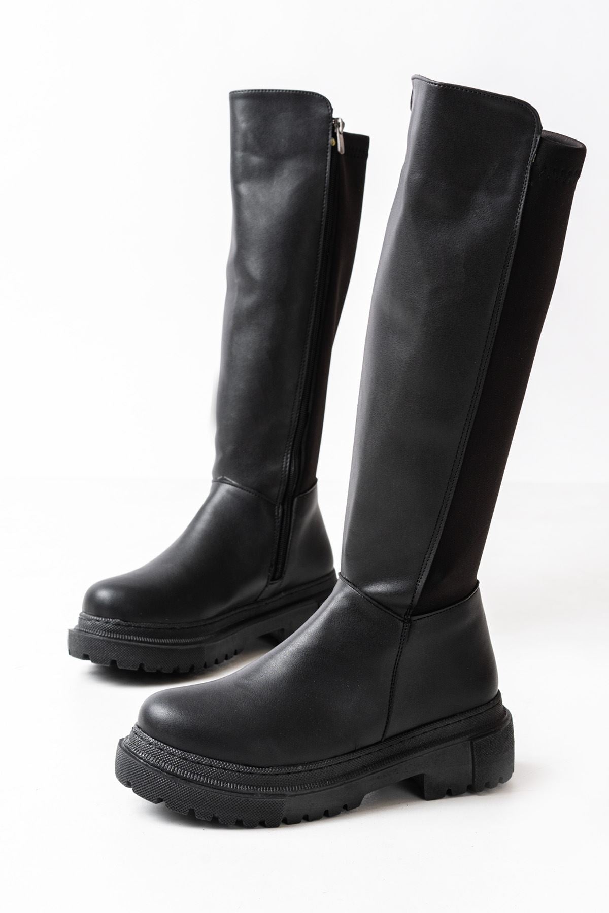 Knee-High Premium Siyah Arkası Streç Fermuarlı Kadın Çizme