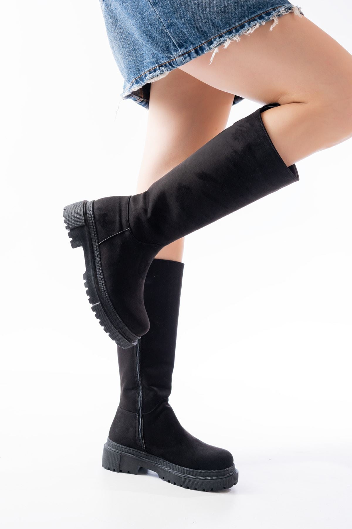ZRİN-340 Premium Siyah Süet Fermuarlı Günlük Kadın Çizme
