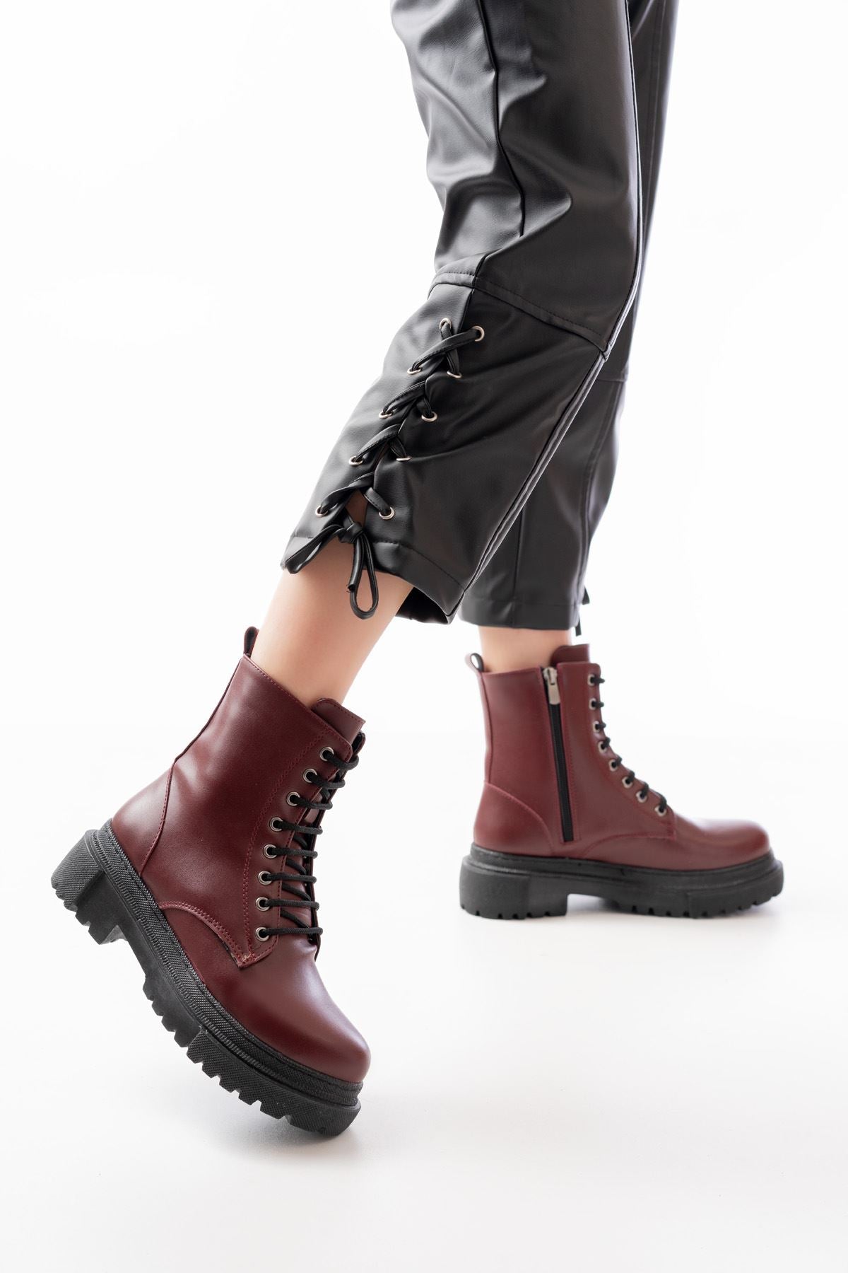 ZRİN812-356 Premium Bordo Bağcıklı Fermuarlı Günlük Kadın Bot