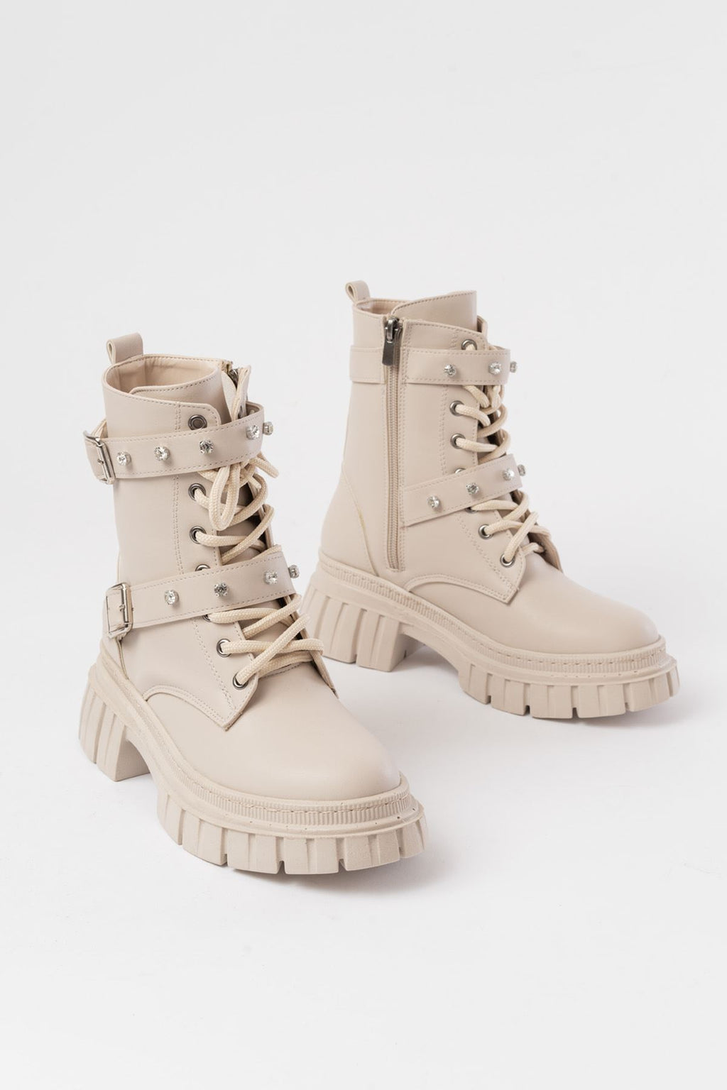 ZRİN842-03 Premium Bej Kalın Tabanlı Bağcıklı Fermuarlı Günlük Kadın Bot