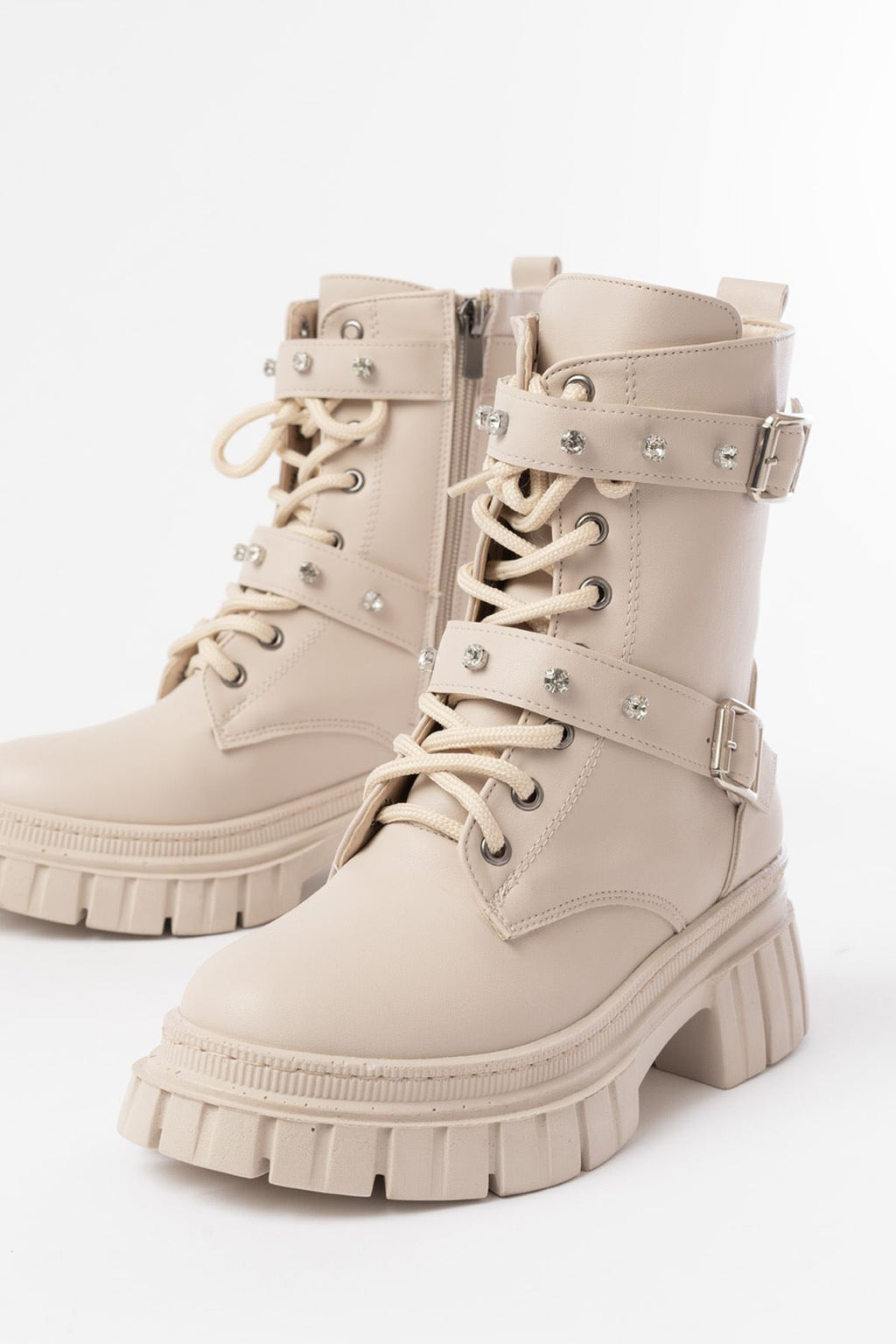 ZRİN842-03 Premium Bej Kalın Tabanlı Bağcıklı Fermuarlı Günlük Kadın Bot