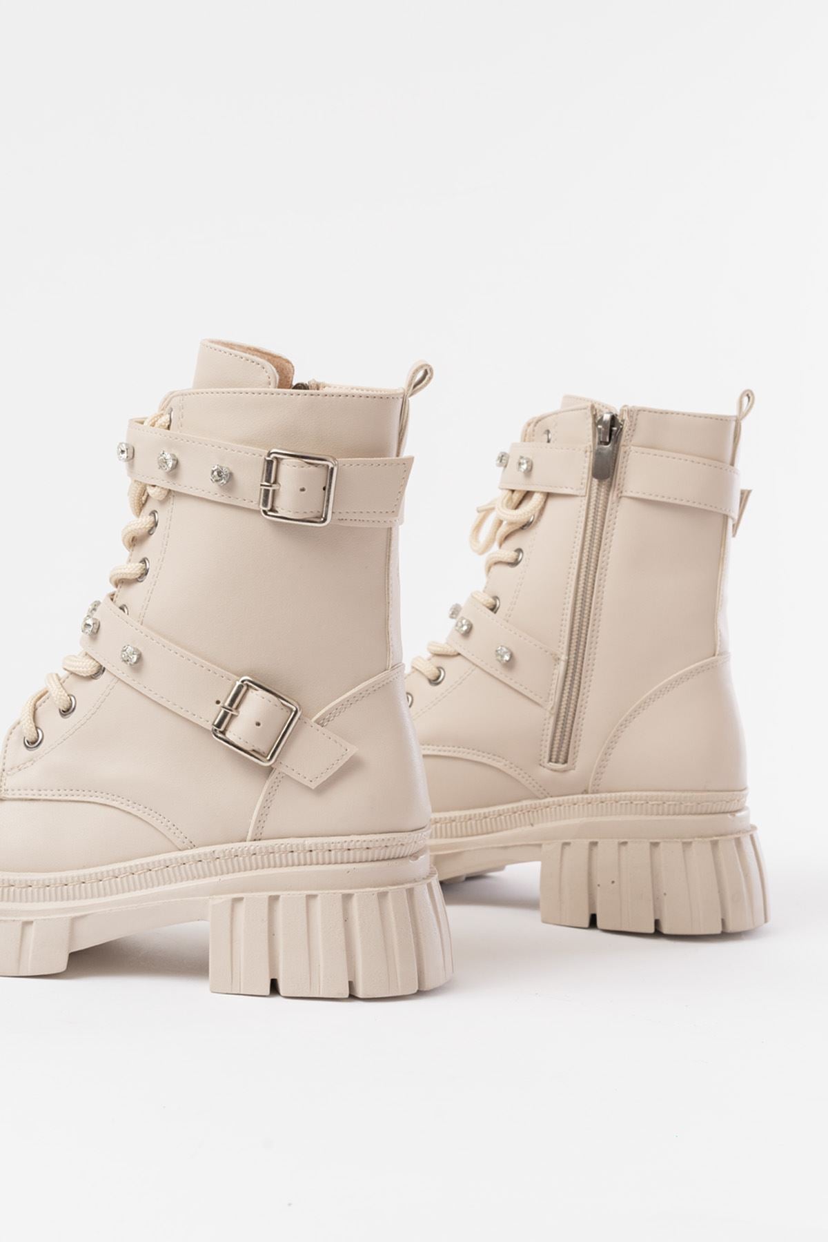 ZRİN842-03 Premium Bej Kalın Tabanlı Bağcıklı Fermuarlı Günlük Kadın Bot