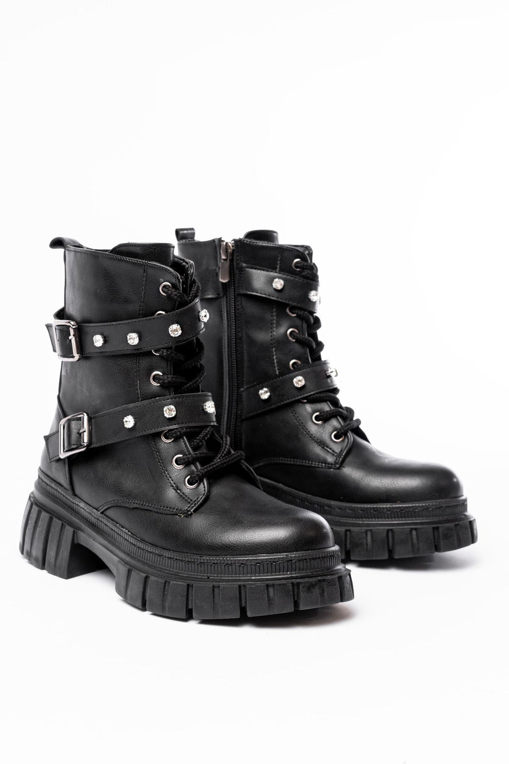 ZRİN842-03 Premium Siyah Kalın Tabanlı Bağcıklı Fermuarlı Günlük Kadın Bot