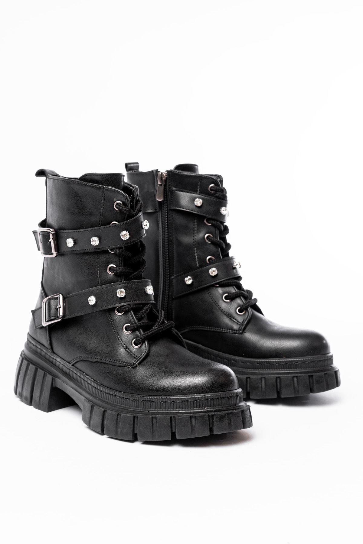 ZRİN842-03 Premium Siyah Kalın Tabanlı Bağcıklı Fermuarlı Günlük Kadın Bot