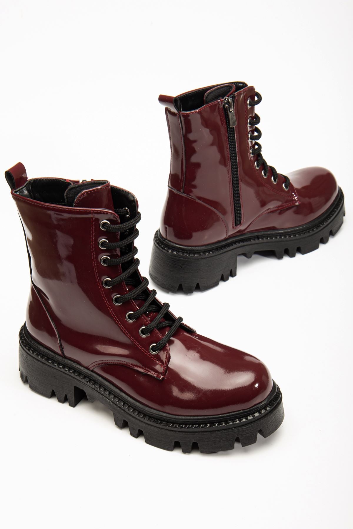 ZRİN868-356 Premium Bordo Rugan Bağcıklı Fermuarlı Günlük Kadın Bot