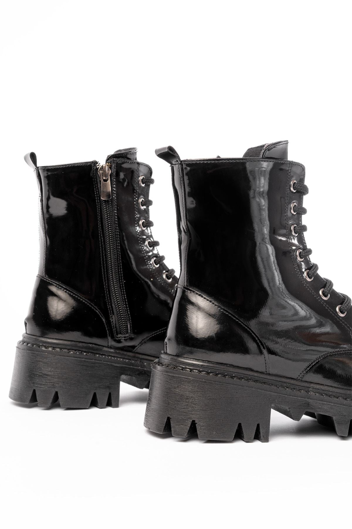 ZRİN868-356 Premium Siyah Rugan Bağcıklı Fermuarlı Günlük Kadın Bot