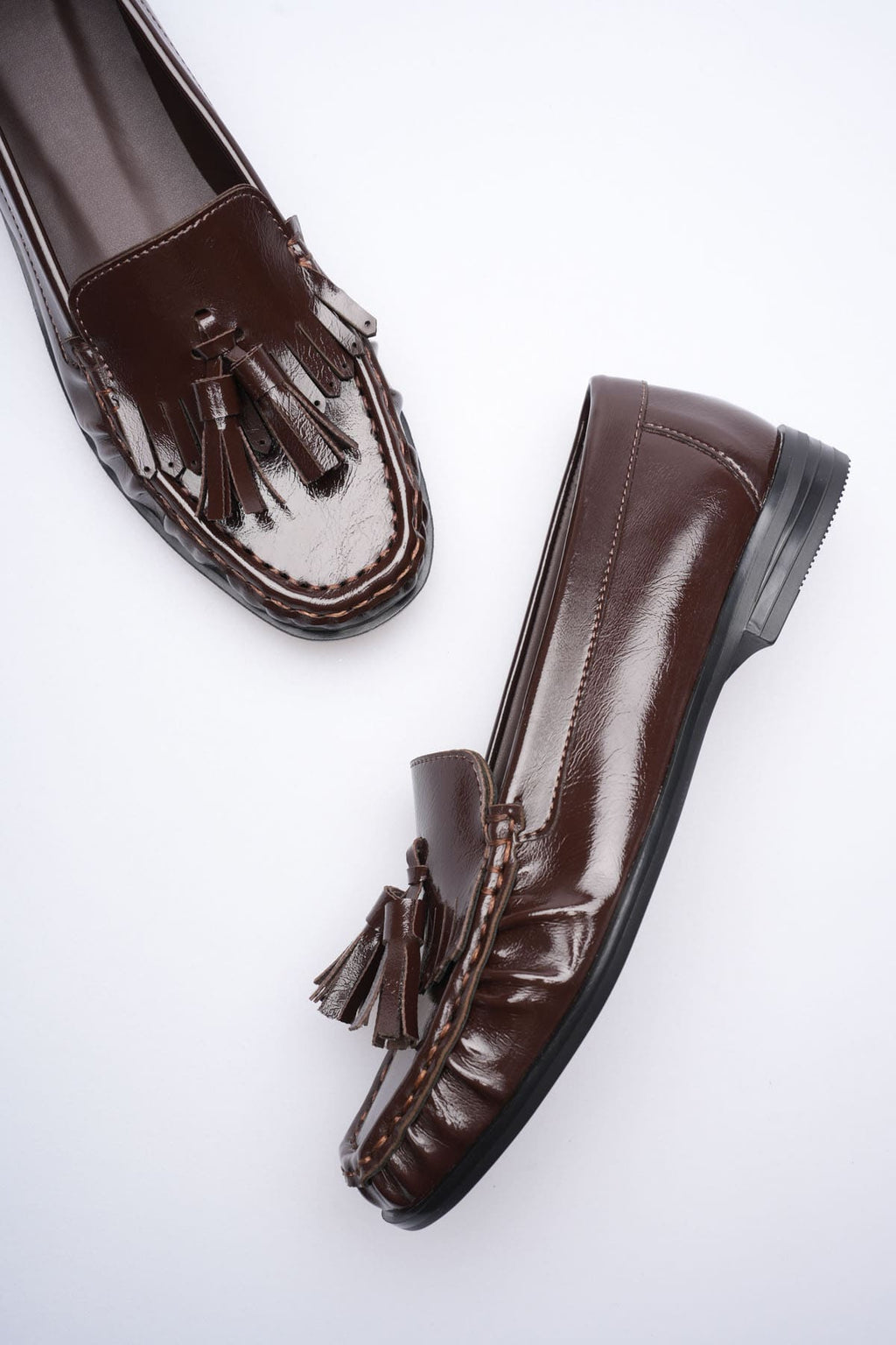 ZR88MS01 Premium Acı Kahve Rugan Püsküllü Kadın Loafer Babet