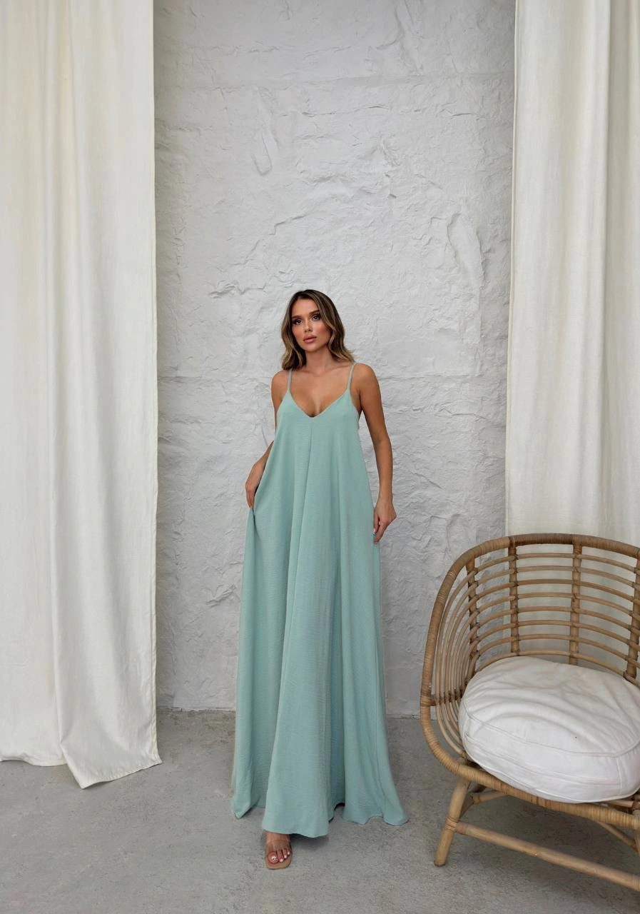 Aerobin Askılı Uzun Elbise Çağla Yeşili