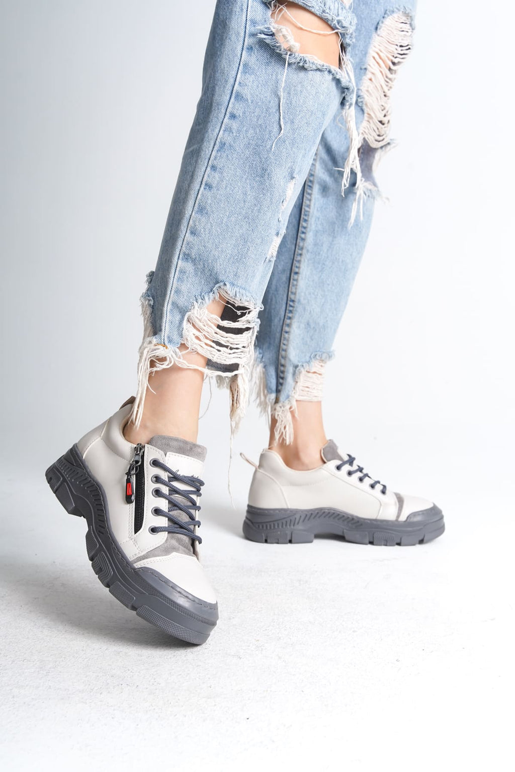 Naritha Fermuarlı & Bağcıklı Ortopedik Kadın Krem Sneaker