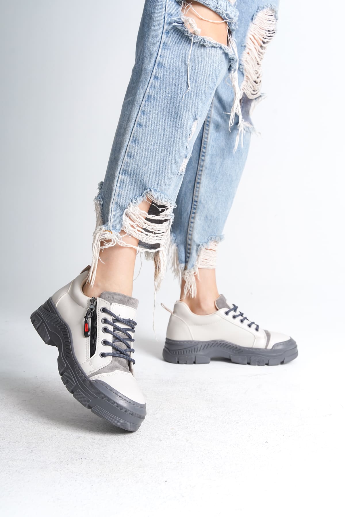 Naritha Fermuarlı & Bağcıklı Ortopedik Kadın Krem Sneaker