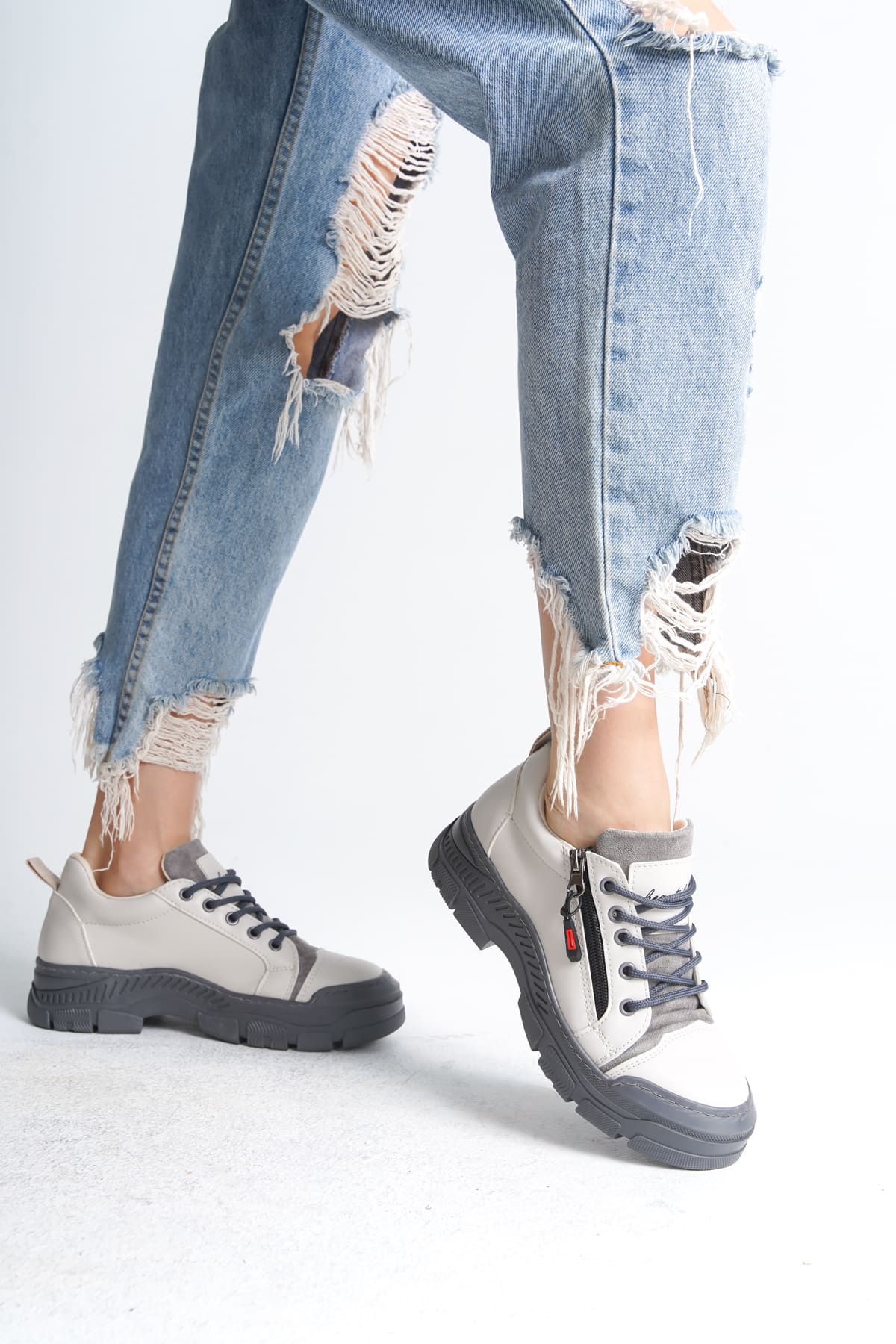 Naritha Fermuarlı & Bağcıklı Ortopedik Kadın Krem Sneaker
