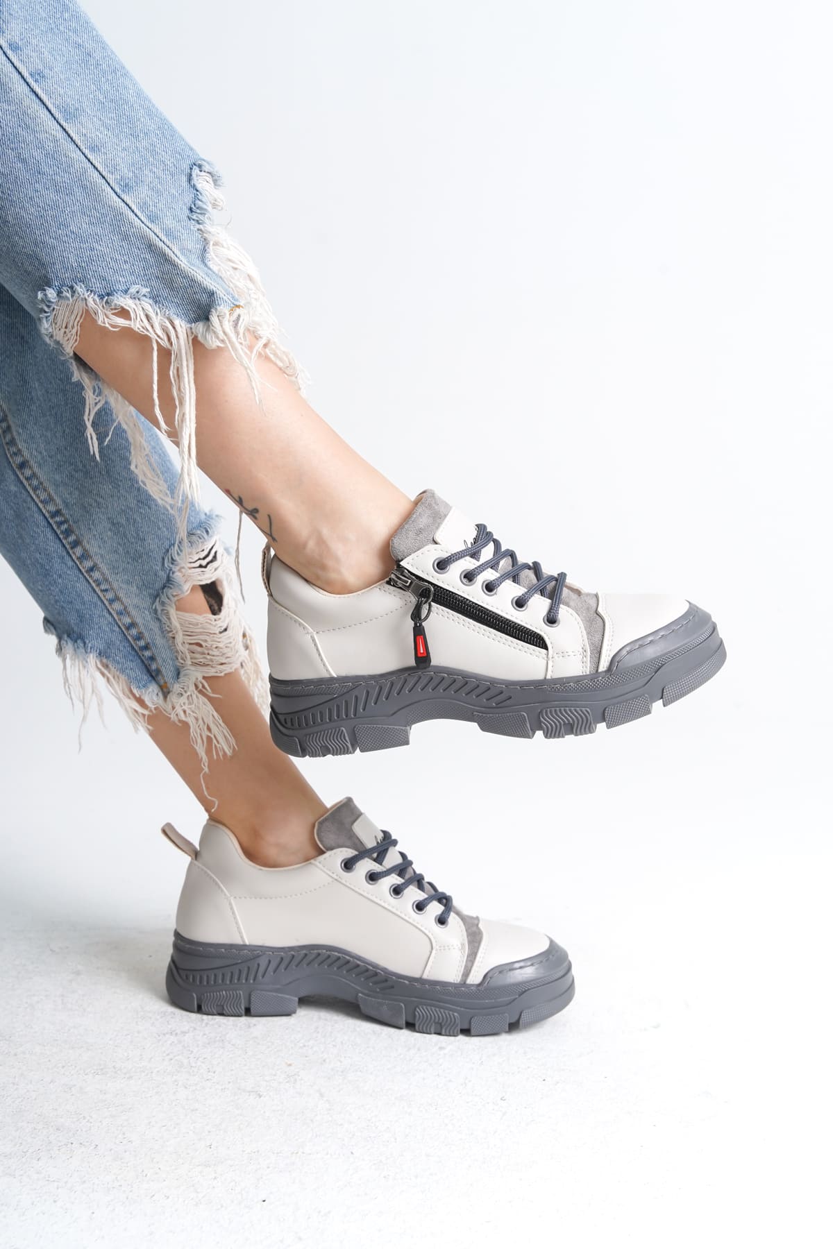 Naritha Fermuarlı & Bağcıklı Ortopedik Kadın Krem Sneaker