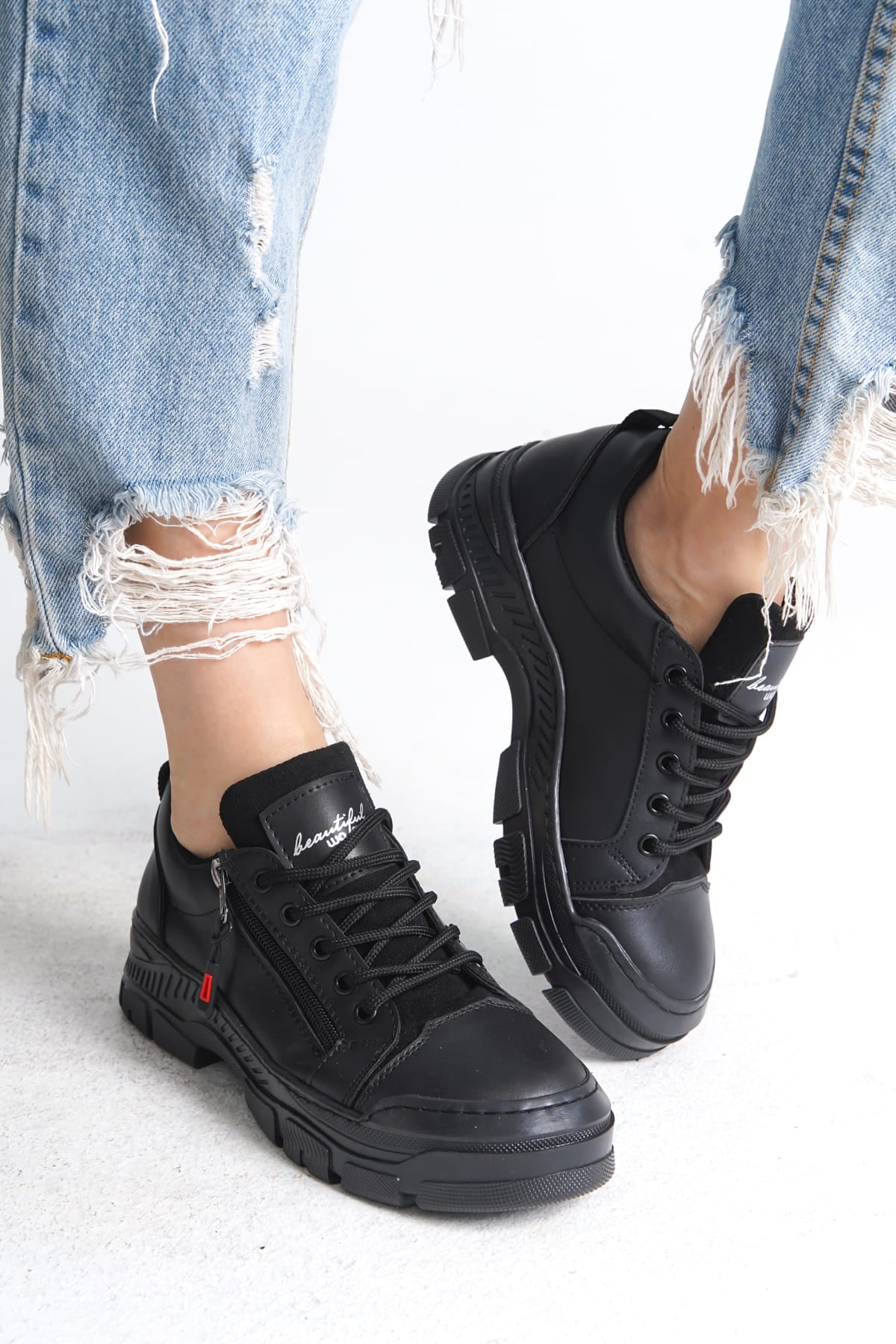 Naritha Zippered &amp; Laced Orthopedic Women's Black Sneakers