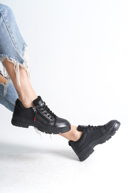 Naritha Zippered &amp; Laced Orthopedic Women's Black Sneakers