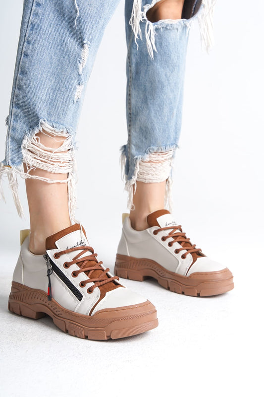 Naritha Zippered &amp; Laced Orthopedic Women's Cream Tan Sneakers