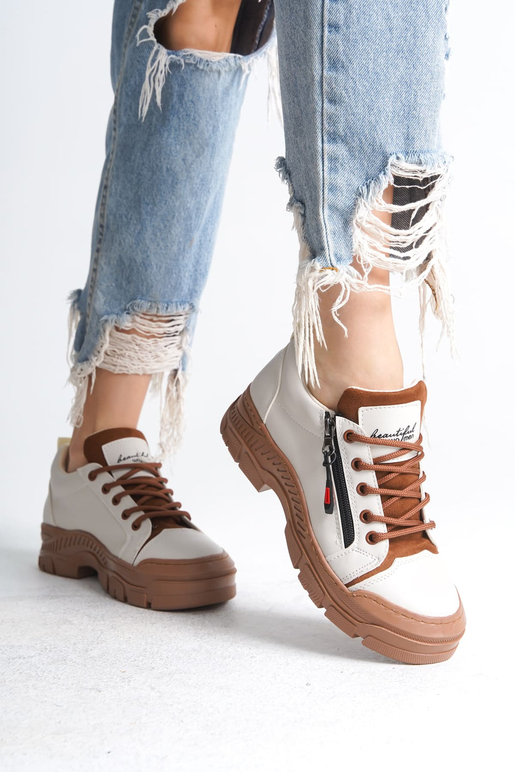 Naritha Fermuarlı & Bağcıklı Ortopedik Kadın Krem Taba Sneaker