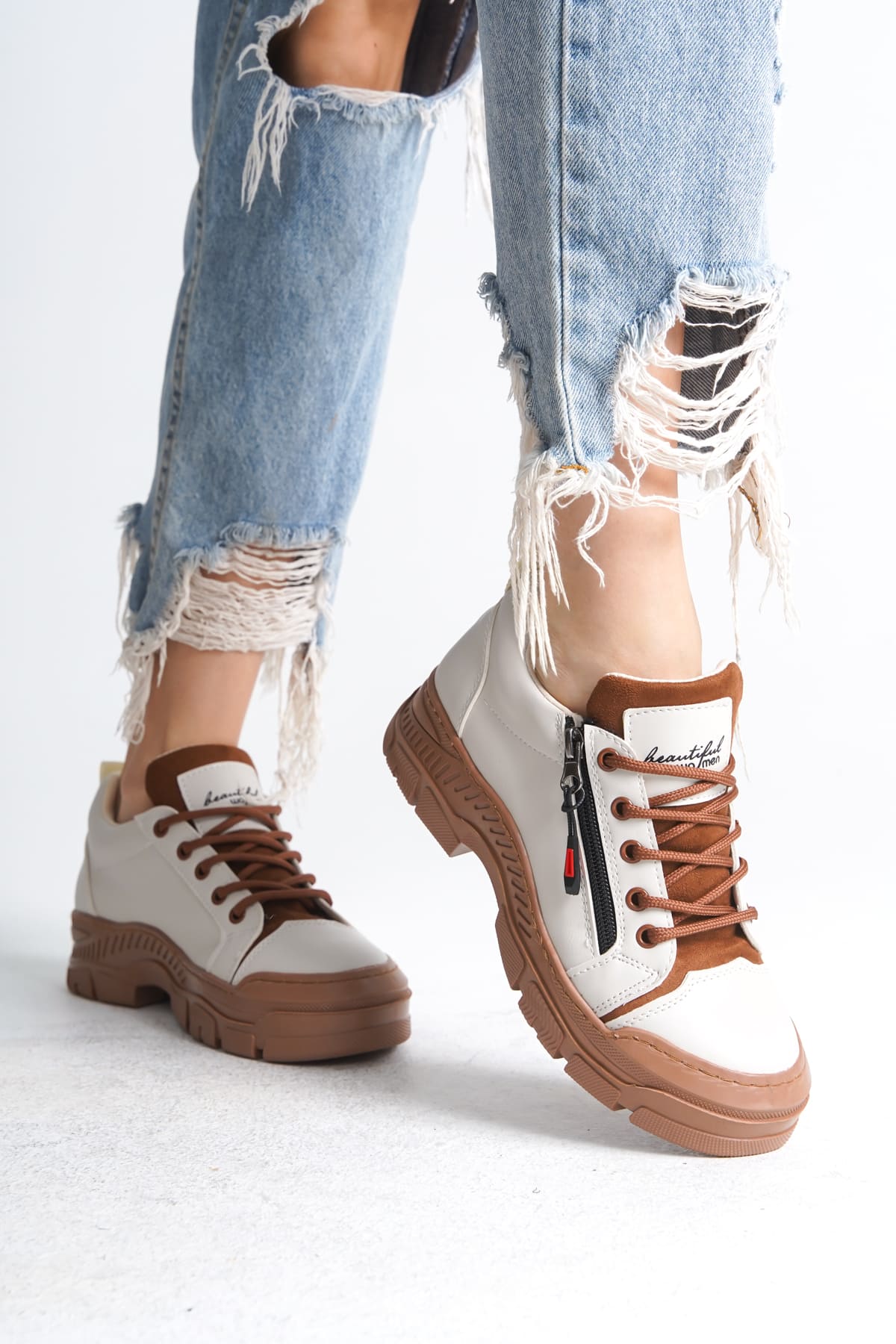 Naritha Zippered &amp; Laced Orthopedic Women's Cream Tan Sneakers