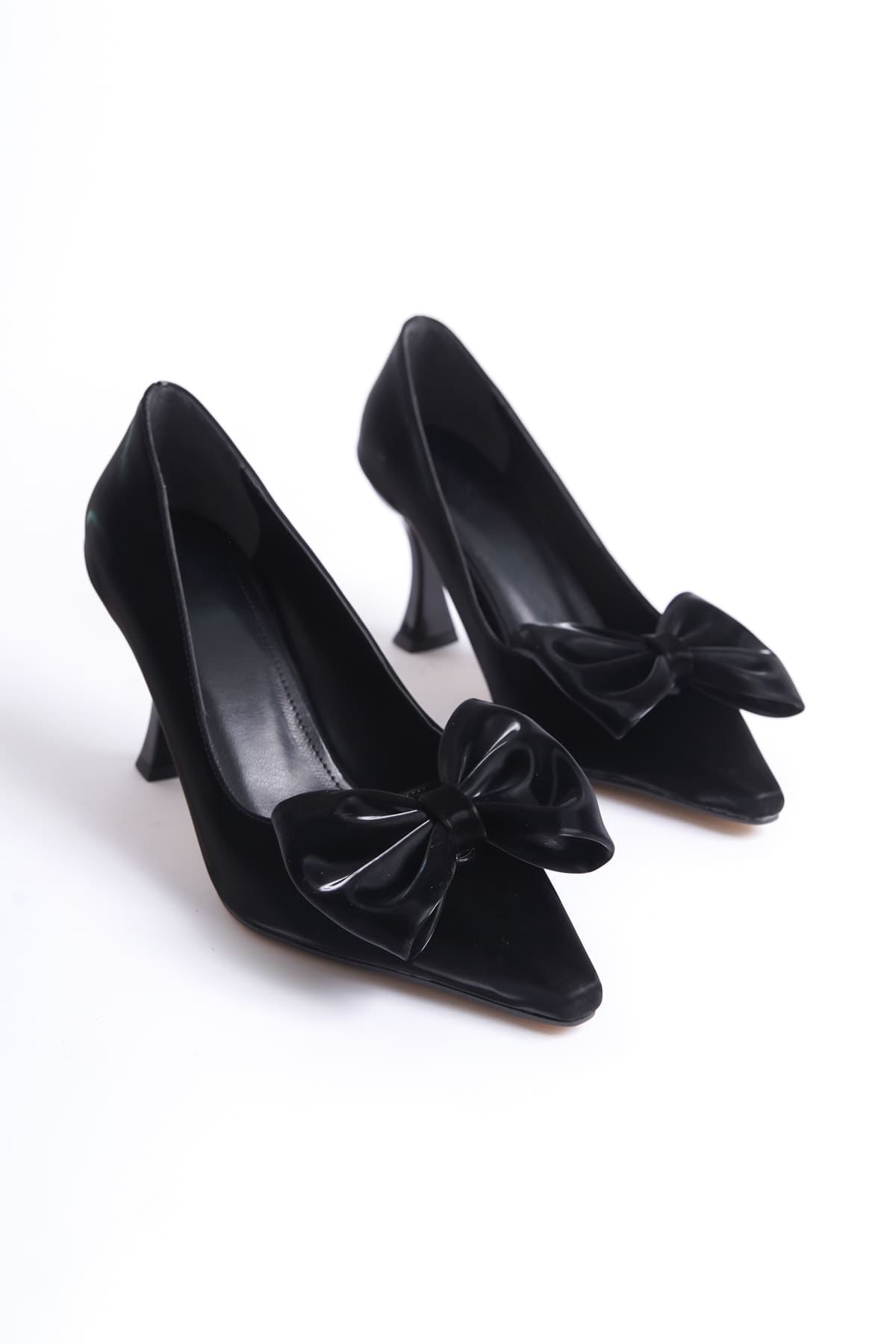 Agnes Premium Women's Black High Heel Shoes with Bow Detail