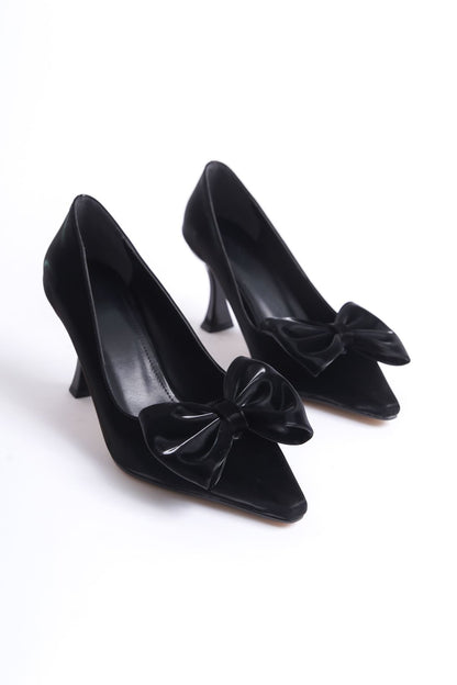 Agnes Premium Women's Black High Heel Shoes with Bow Detail