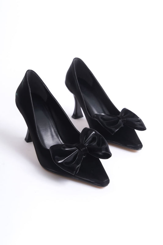 Agnes Premium Women's Black High Heel Shoes with Bow Detail