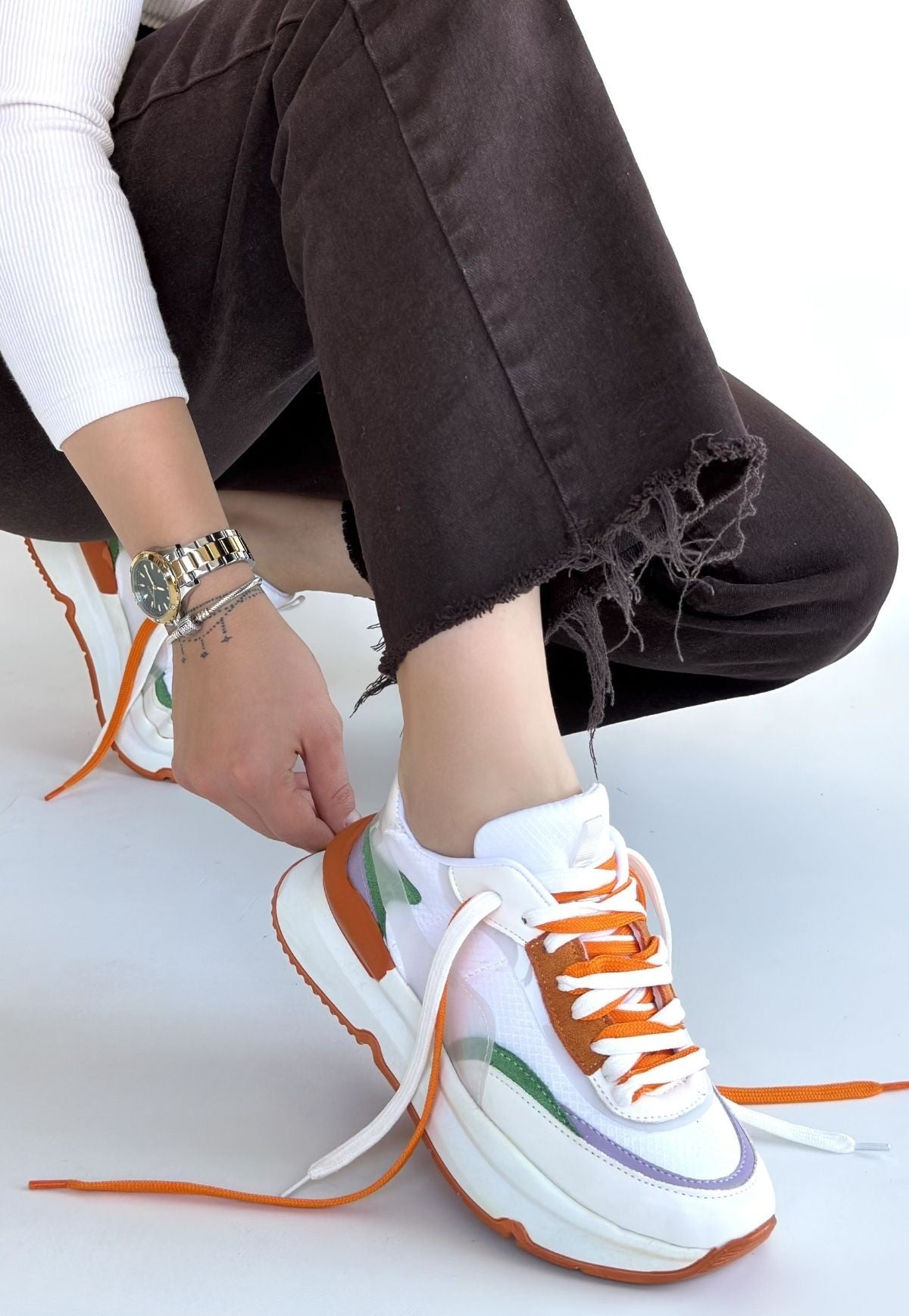 Alehi Premium Beyaz Turuncu Çift Bağcıklı Kadın Sneaker