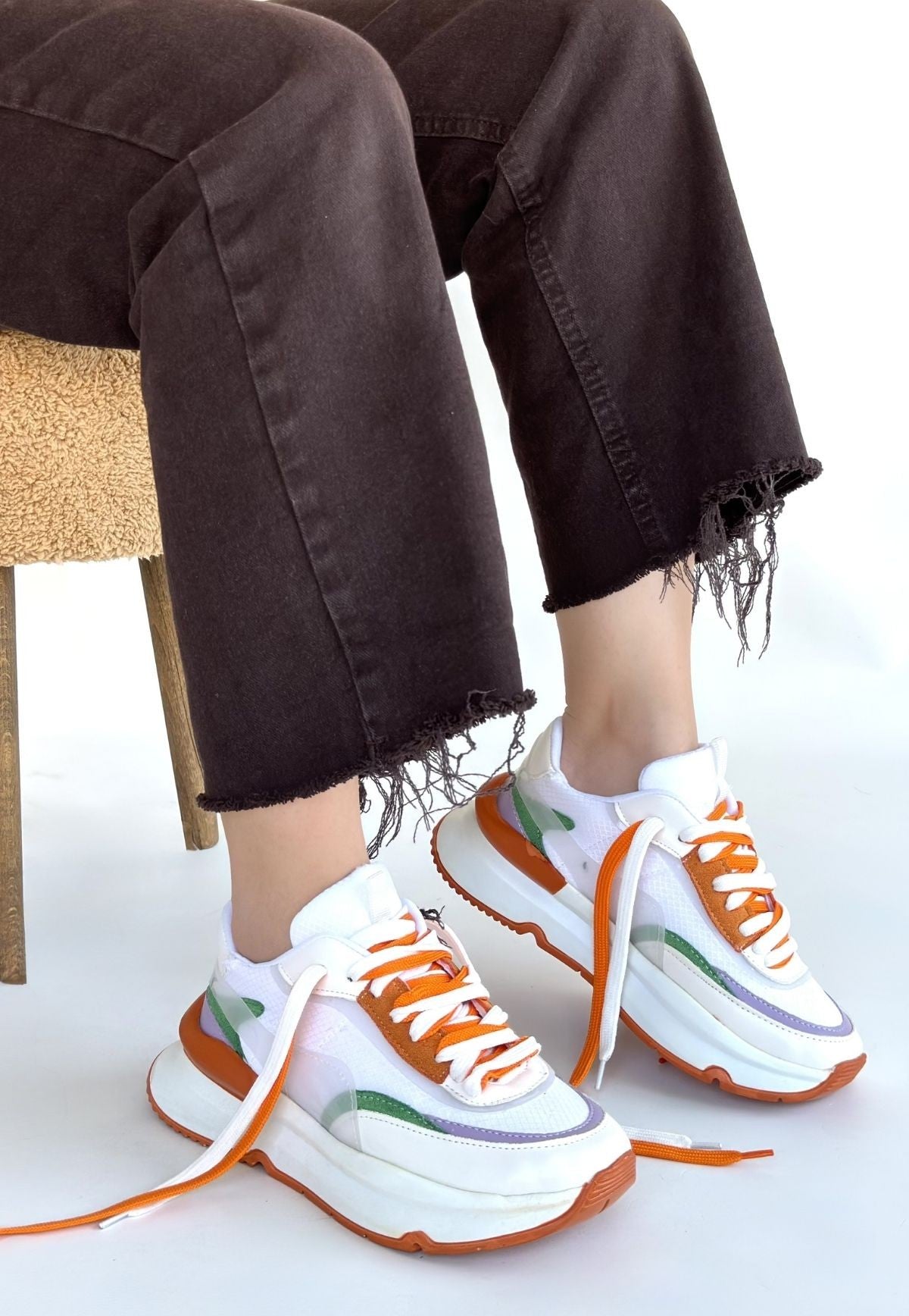 Alehi Premium Beyaz Turuncu Çift Bağcıklı Kadın Sneaker