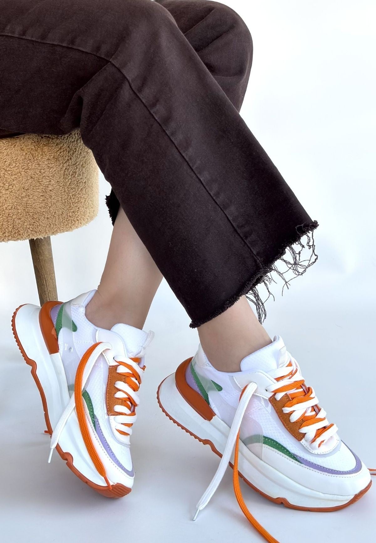 Alehi Premium Beyaz Turuncu Çift Bağcıklı Kadın Sneaker