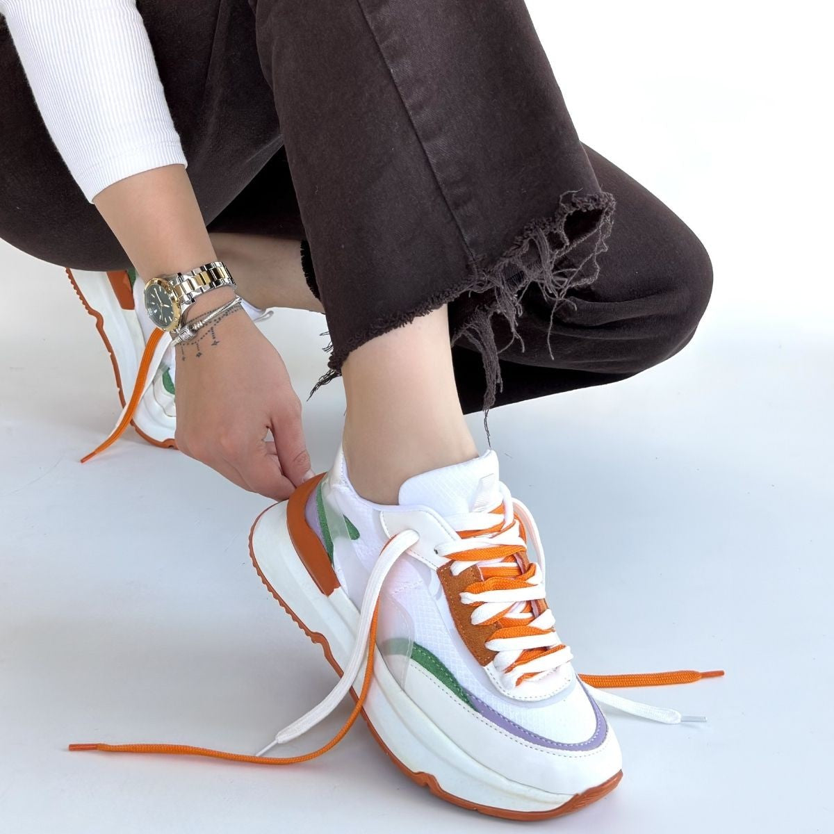 Alehi Premium Beyaz Turuncu Çift Bağcıklı Kadın Sneaker