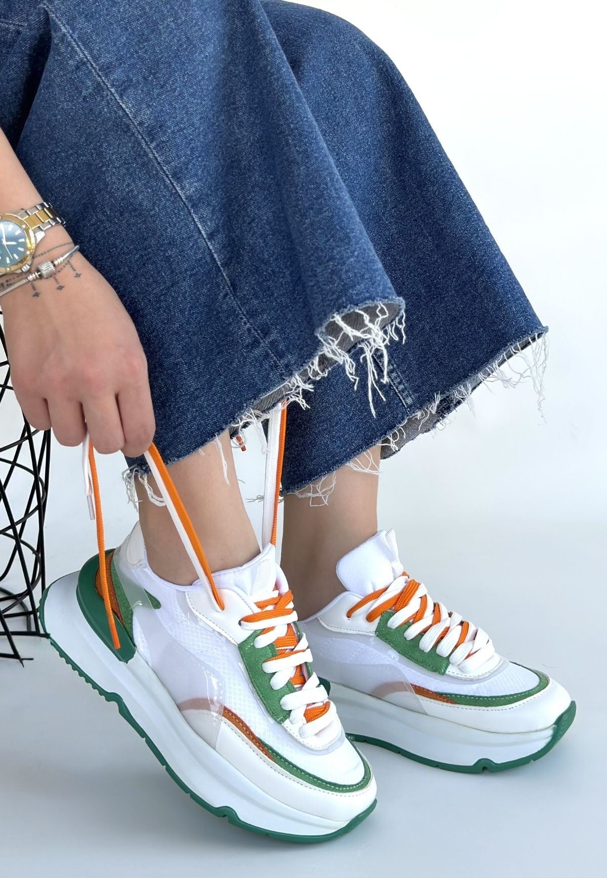 Alehi Premium Beyaz Yeşil Çift Bağcıklı Kadın Sneaker