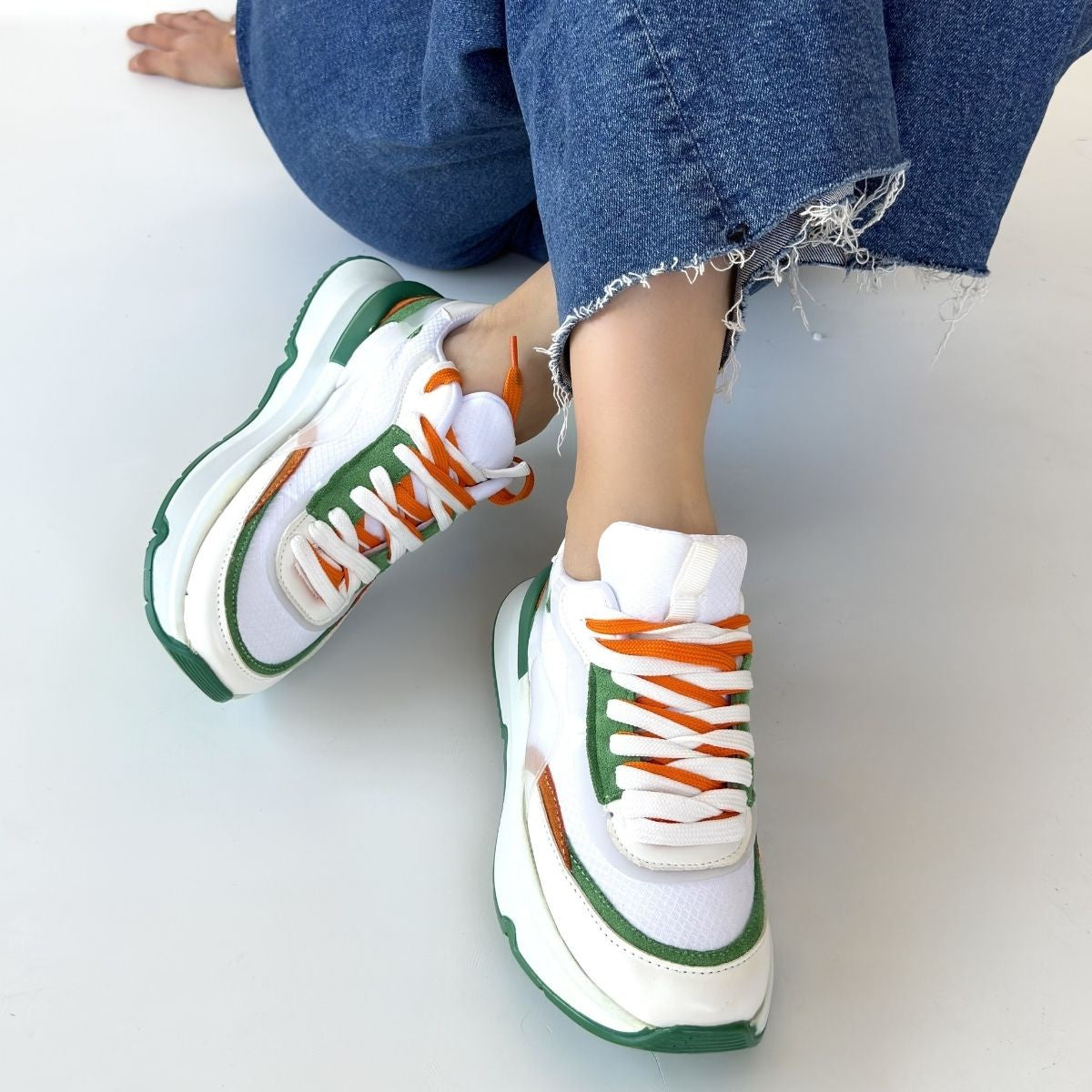 Alehi Premium Beyaz Yeşil Çift Bağcıklı Kadın Sneaker