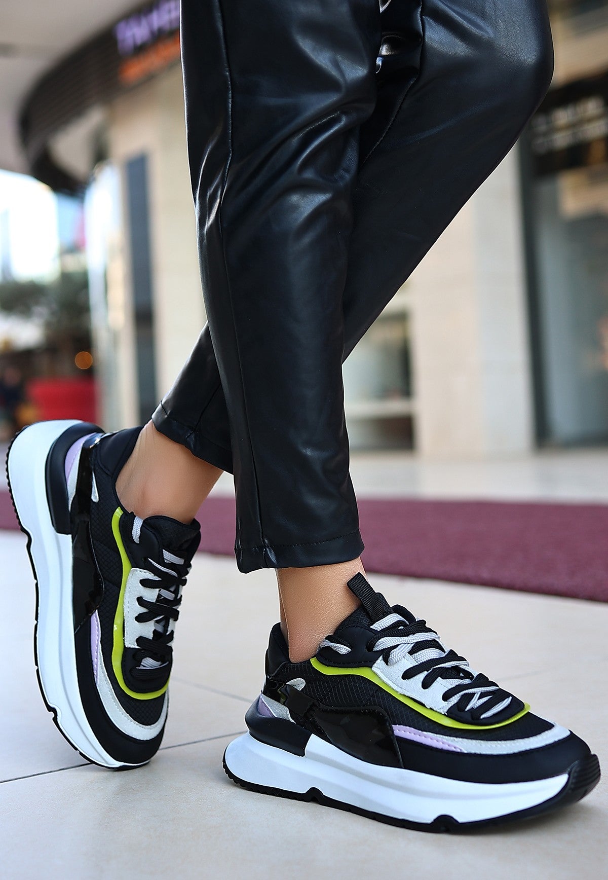 Alehi Premium Siyah Lila Çift Bağcıklı Kadın Sneaker