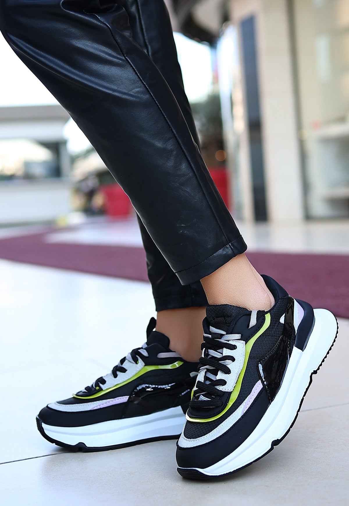 Alehi Premium Siyah Lila Çift Bağcıklı Kadın Sneaker