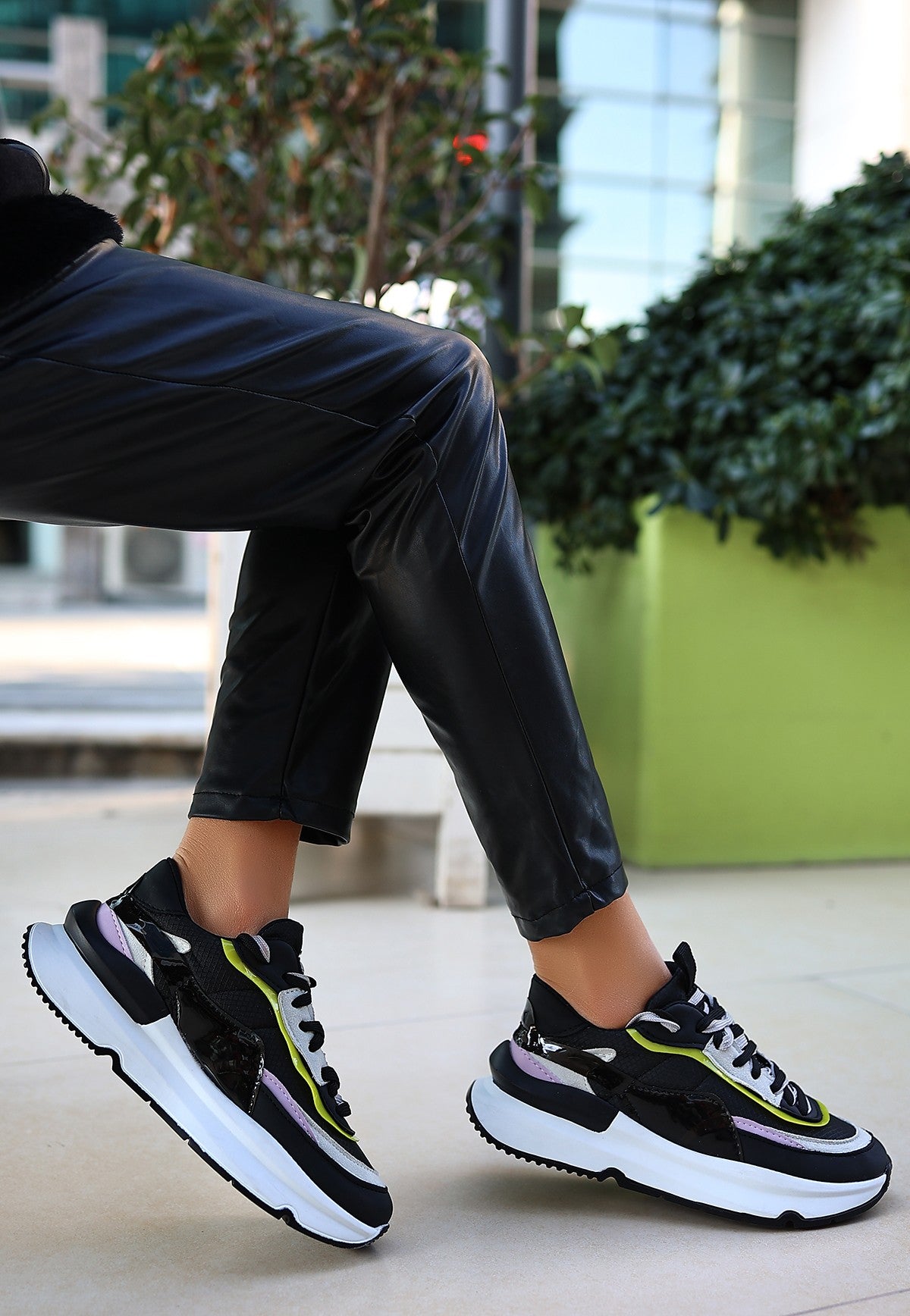 Alehi Premium Siyah Lila Çift Bağcıklı Kadın Sneaker