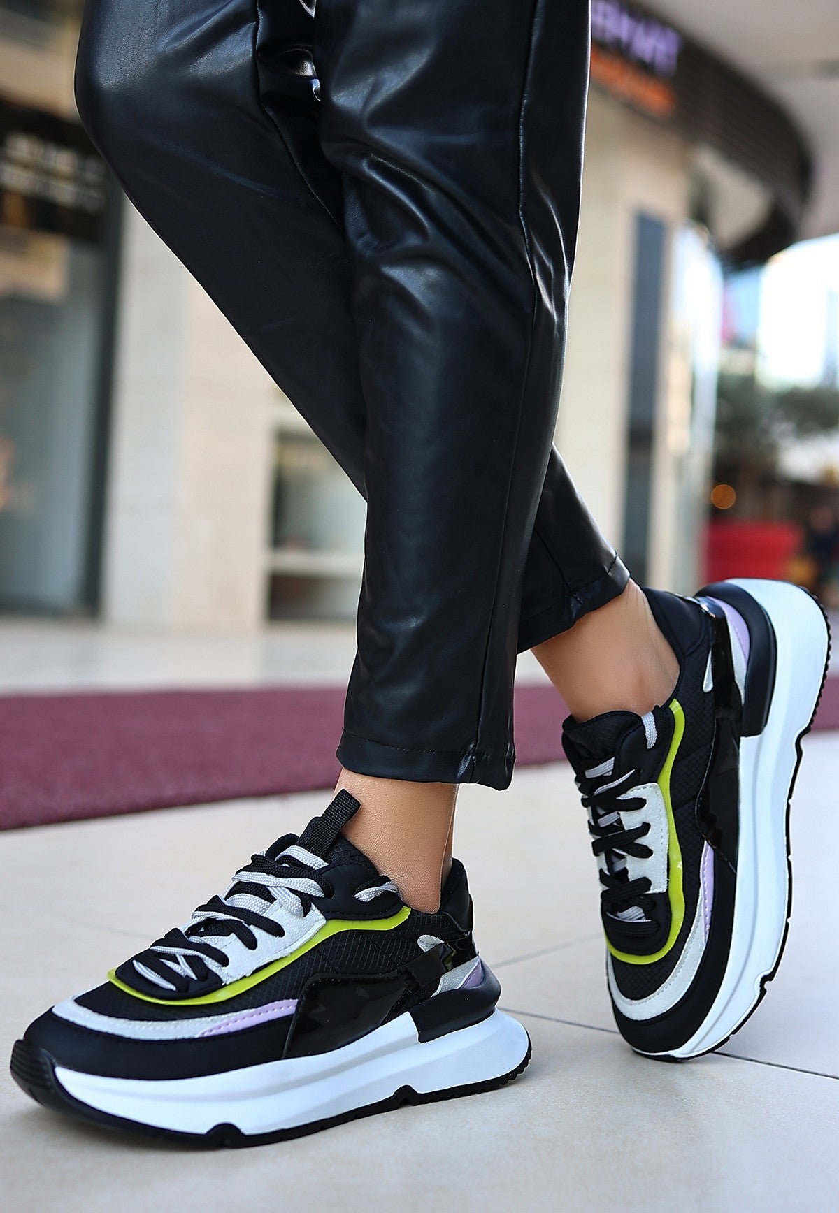 Alehi Premium Siyah Lila Çift Bağcıklı Kadın Sneaker